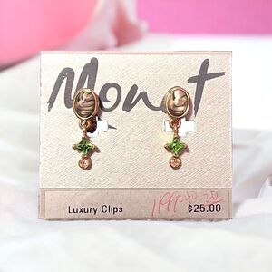 ⭐️3/$25⭐️ Monet Green Rhinestone Marbled Gold Tone Dangle Earrings